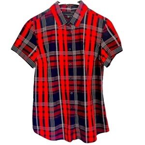 Tommy Hilfiger Plaid Button Up Collared Shirt Red and Navy Short Puffed Sleeve S